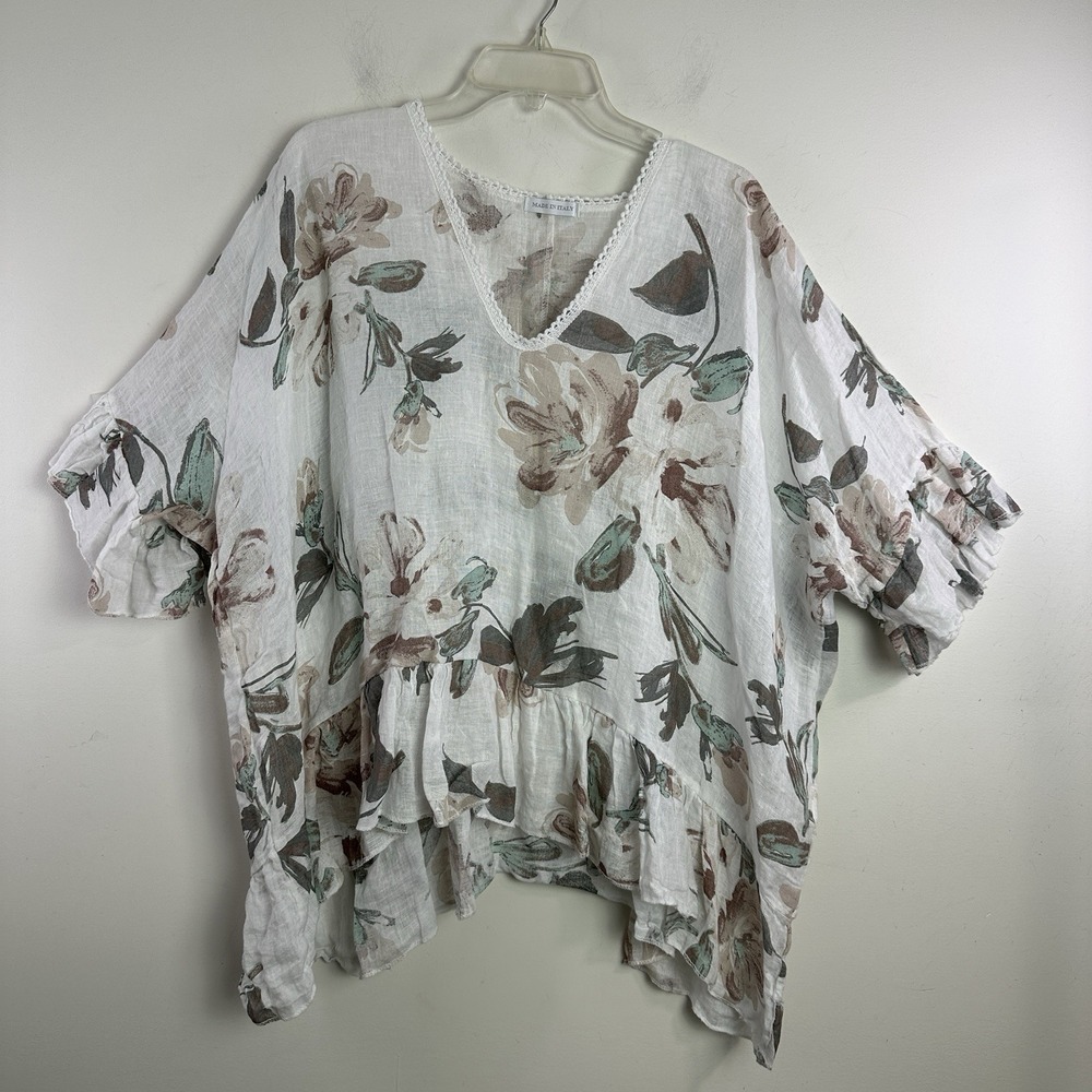 Made in Italy Linen Floral Top Oversized Boxy White Lagenlook Artsy OS ruffled